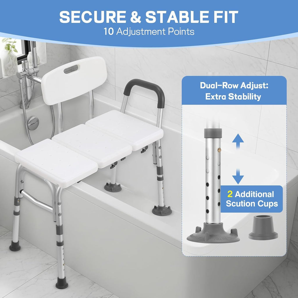 Tub Transfer Bench for Bathtub, Tool Free Assembly Shower Chair with Backrest & Armrest, Height Adjustable Shower