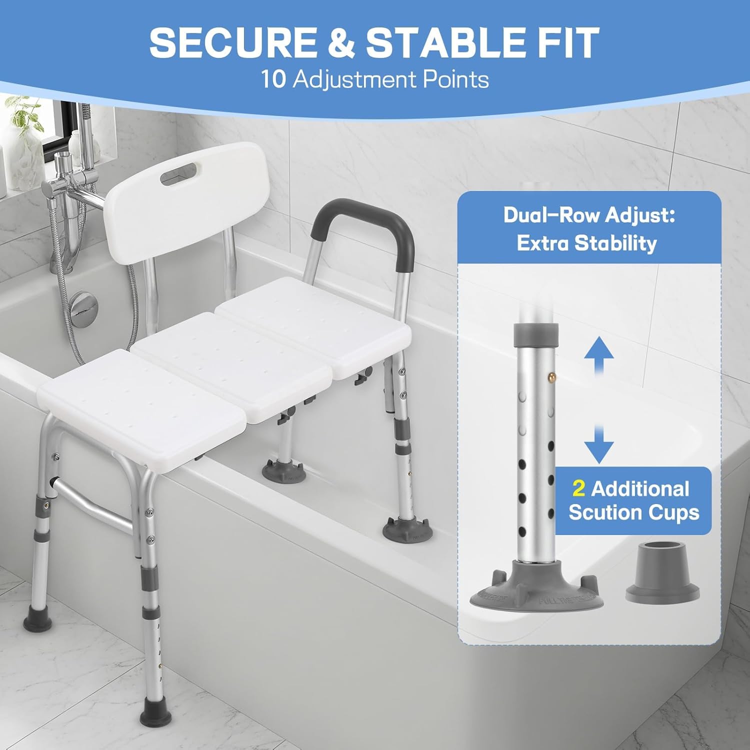 Tub Transfer Bench for Bathtub, Tool Free Assembly Shower Chair with Backrest & Armrest, Height Adjustable Shower