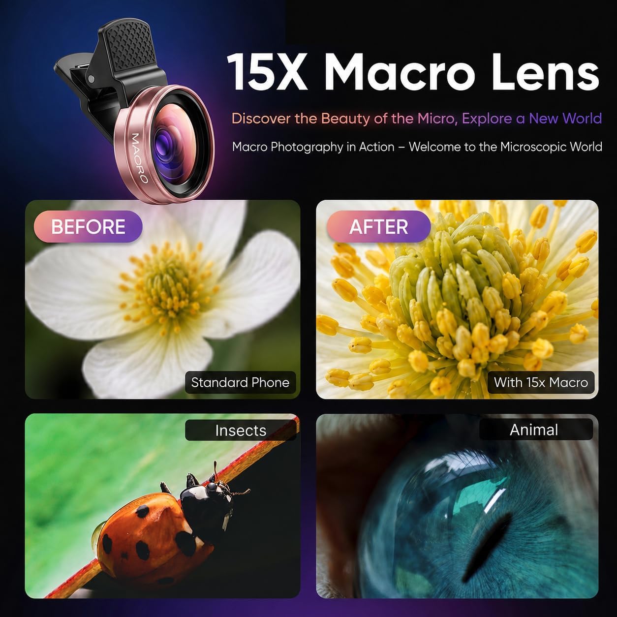 Phone Camera Lens Kit, 0.45X Super Wide Angle Lens + 15X Macro Lens 2 in 1 Professional Lens Attachment for Phone