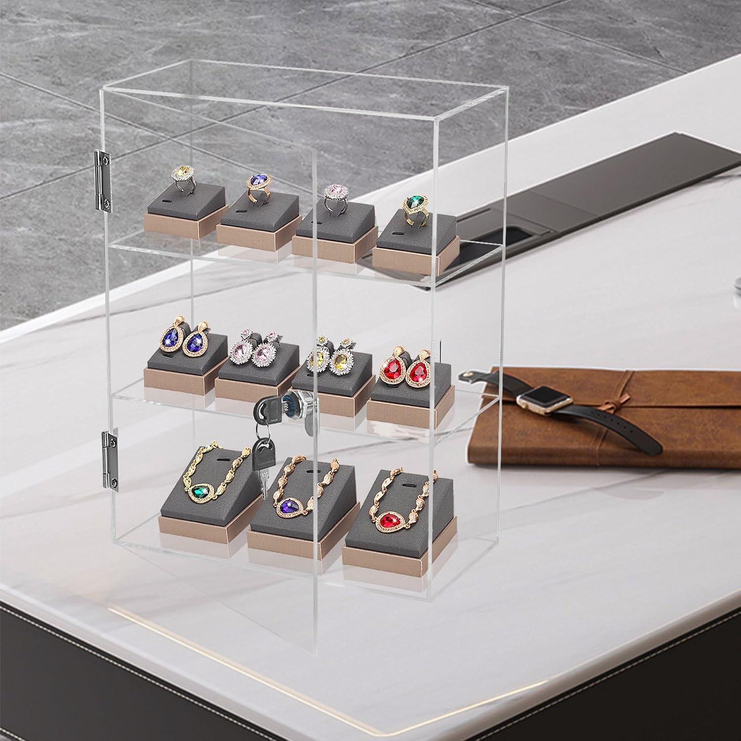 3 Shelf Acrylic Display Case with Lock Key, Clear Locking Display Case Showcase Cabinet with Fixed Shelves - Safe