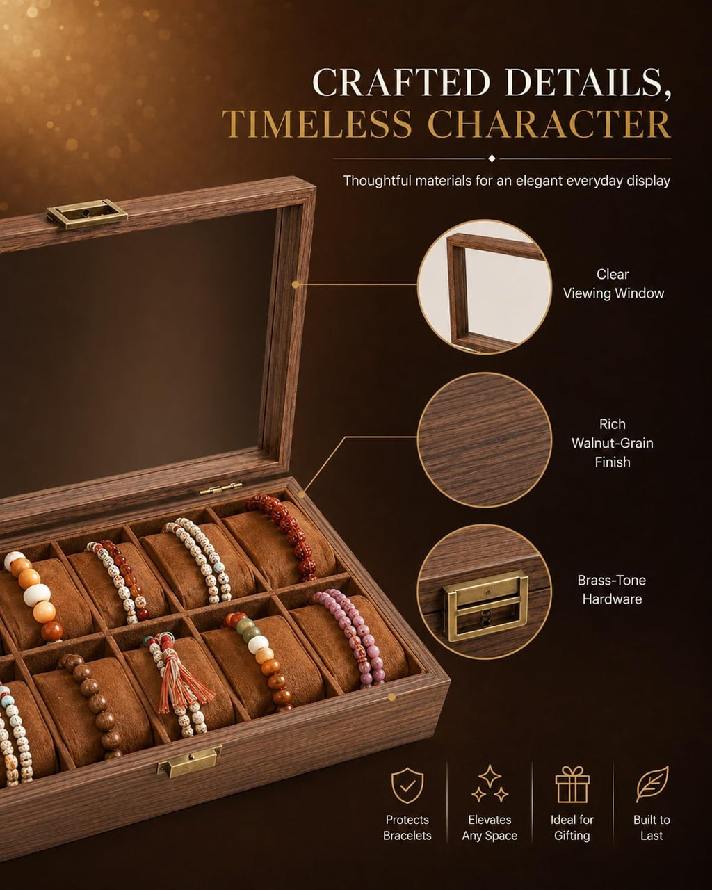 Bracelet Holder Display Wooden Jewelry Organizer Box Lid Bangles Watches | Bangle Storage Case with Velvet Cushions