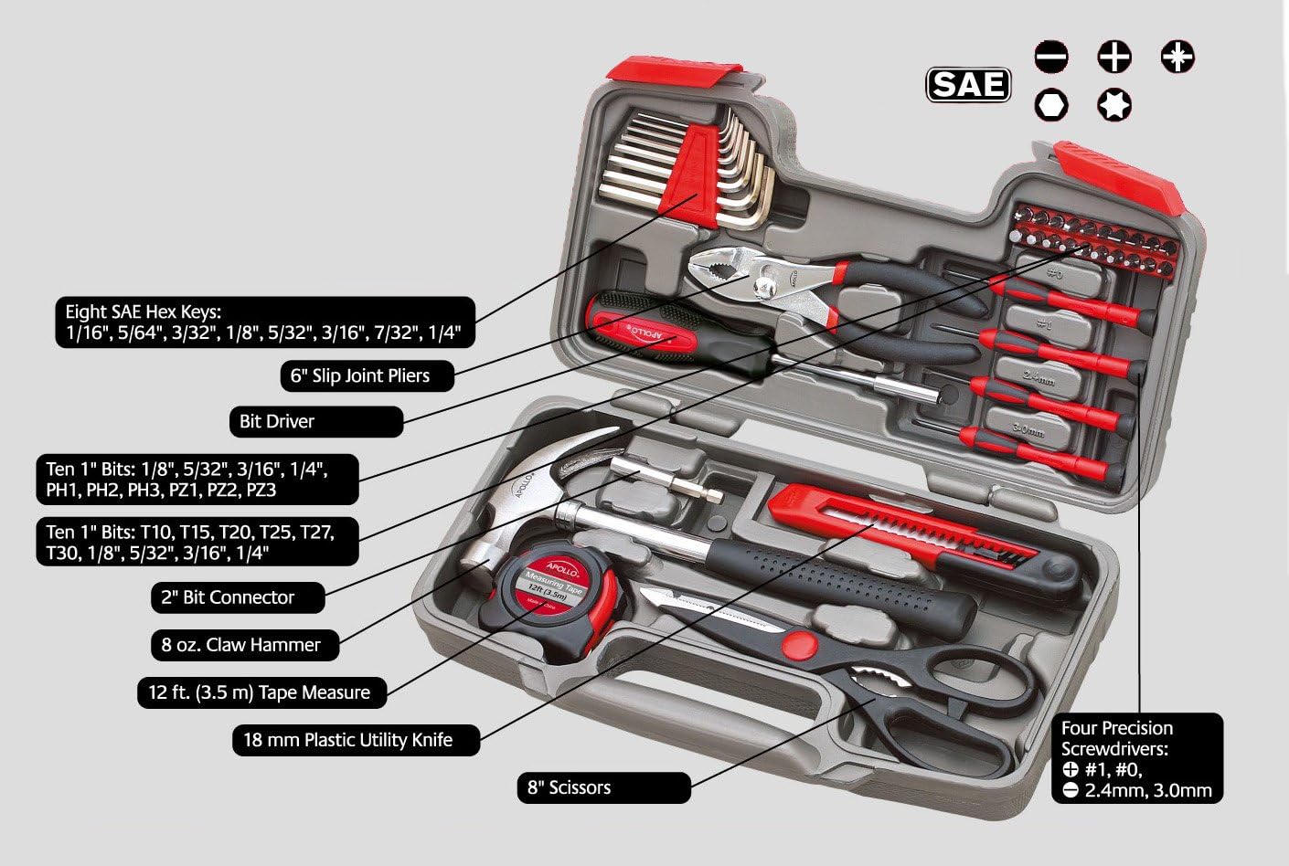 Tools Original 39 Piece General Household Tool Set in Toolbox Storage Case with Essential Hand Tools for Everyday