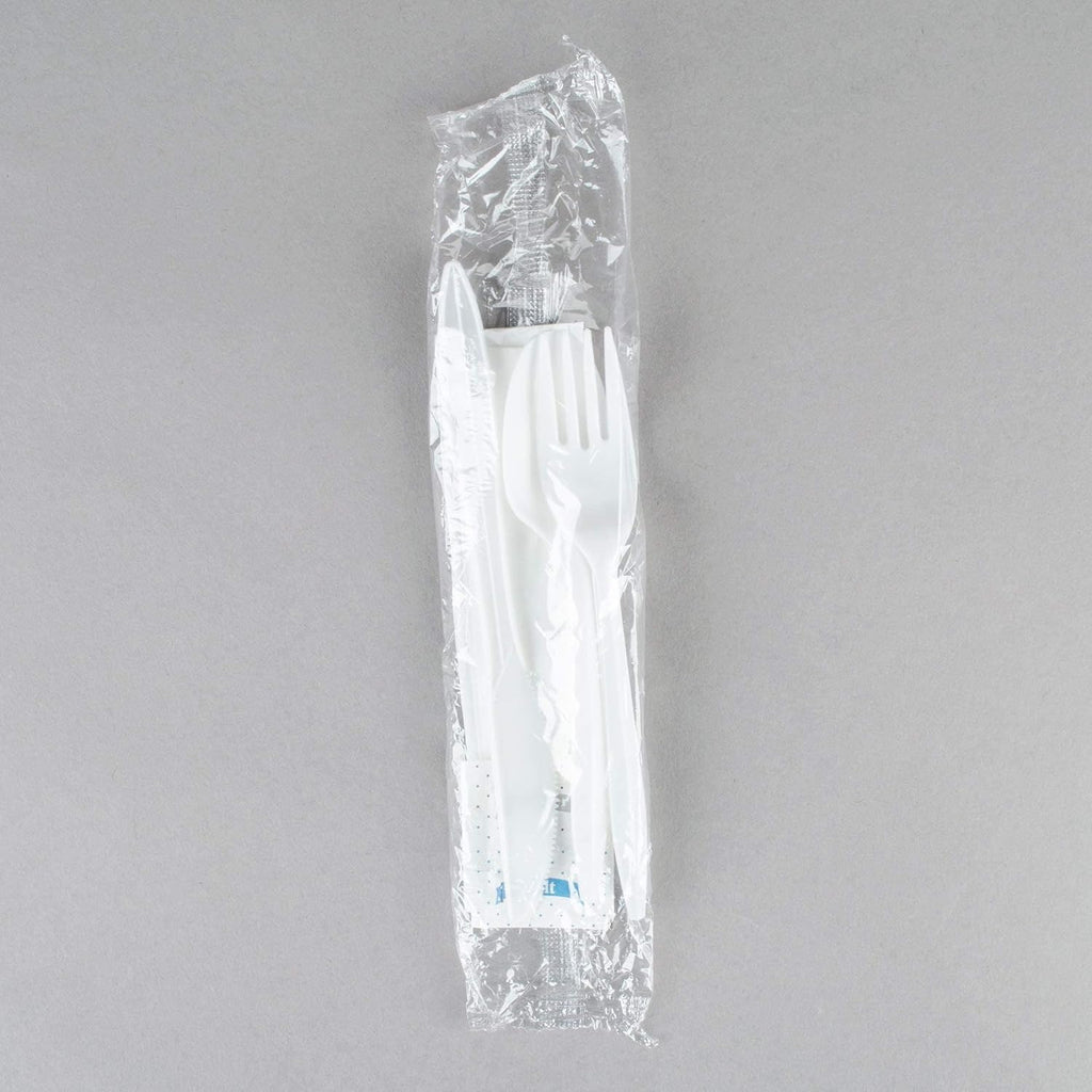 250 White Plastic Cutlery Packets - Knife, Fork, Spoon & Napkin Sets with Salt & Pepper - Individually Wrapped