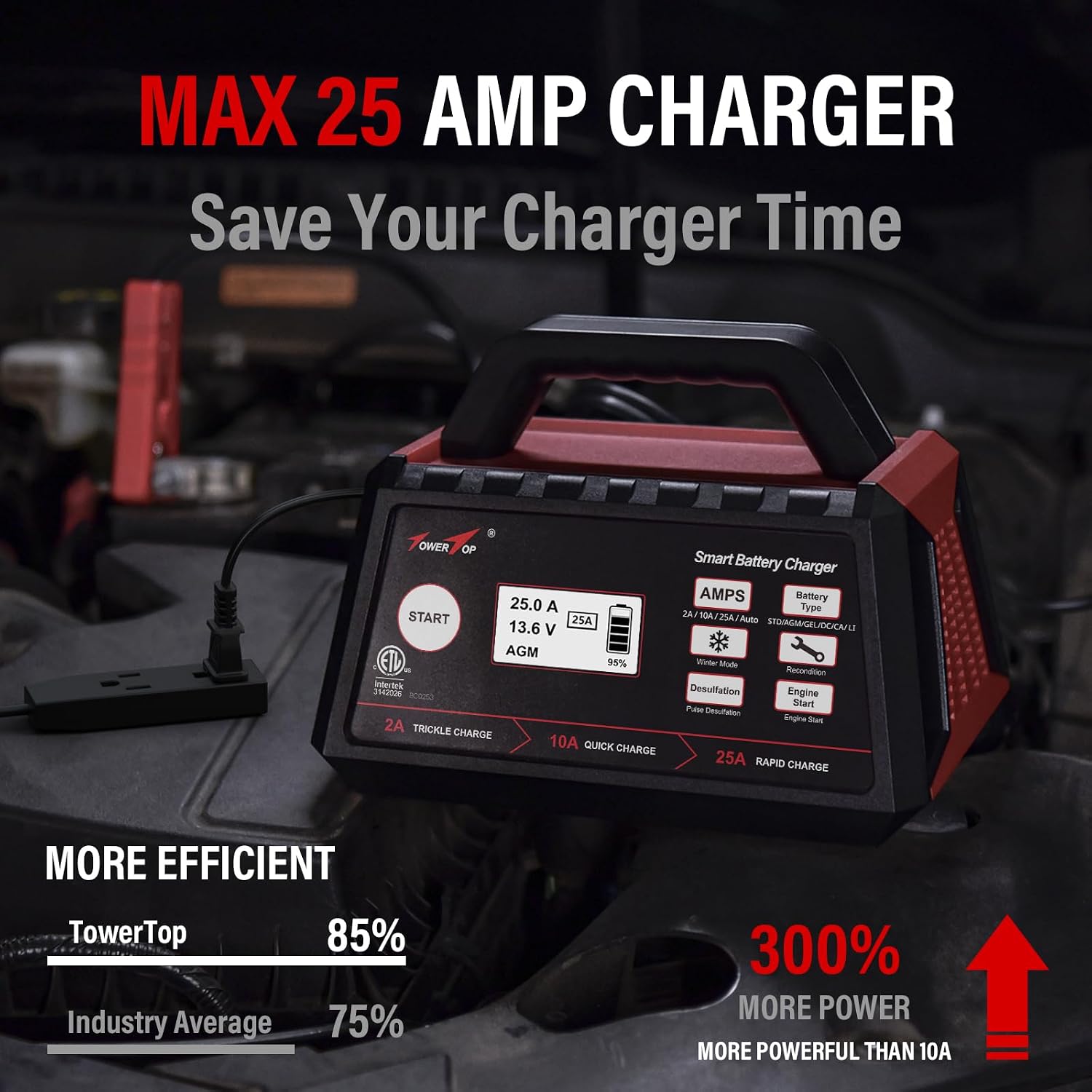 2/10/25 Amp 12V Smart Car Battery Charger, Fully Automatic Battery Maintainer with Engine Start, Auto Desulfator