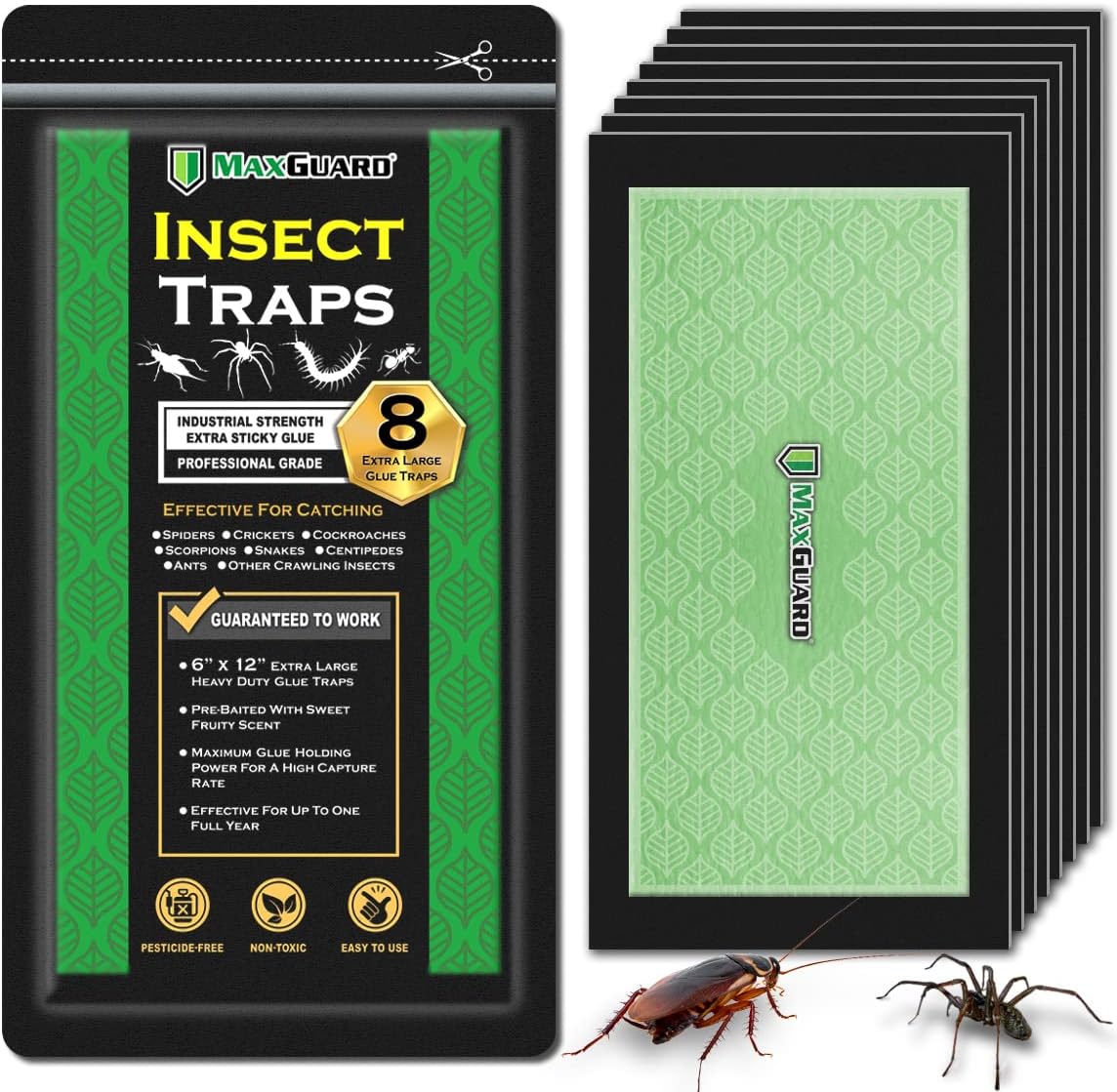 Extra Large Insect Traps (8 Traps) | Non-Toxic Extra Sticky Pre-Baited Glue Board, Trap & Kill Most Crawling Insects