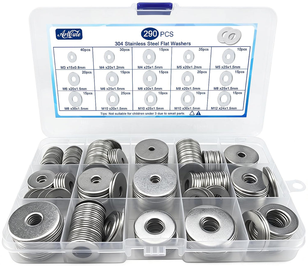 290 Pcs Flat Washers for Screws, Stainless Steel Fender Washers Assortment