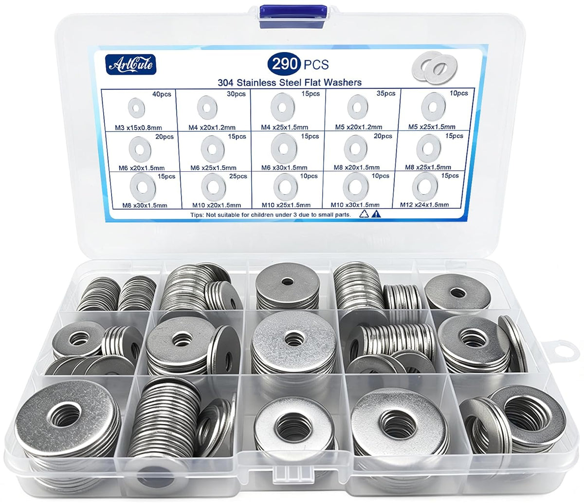 290 Pcs Flat Washers for Screws, Stainless Steel Fender Washers Assortment