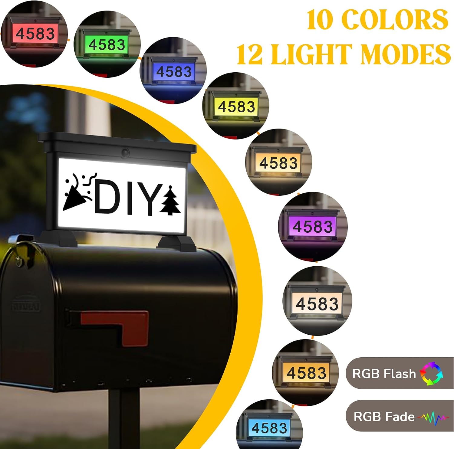 Solar Mailbox Numbers, Double Sided RGB Color Changing Address Sign, Waterproof LED Illuminated House Numbers for