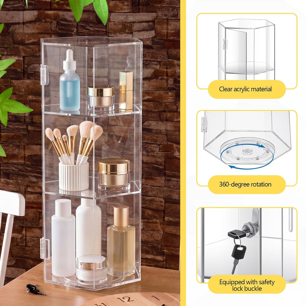 24'' H Rotating Jewelry Display Case with Lock and Keys, 360-degree Locking Acrylic Clear Cabinet for Collectibles