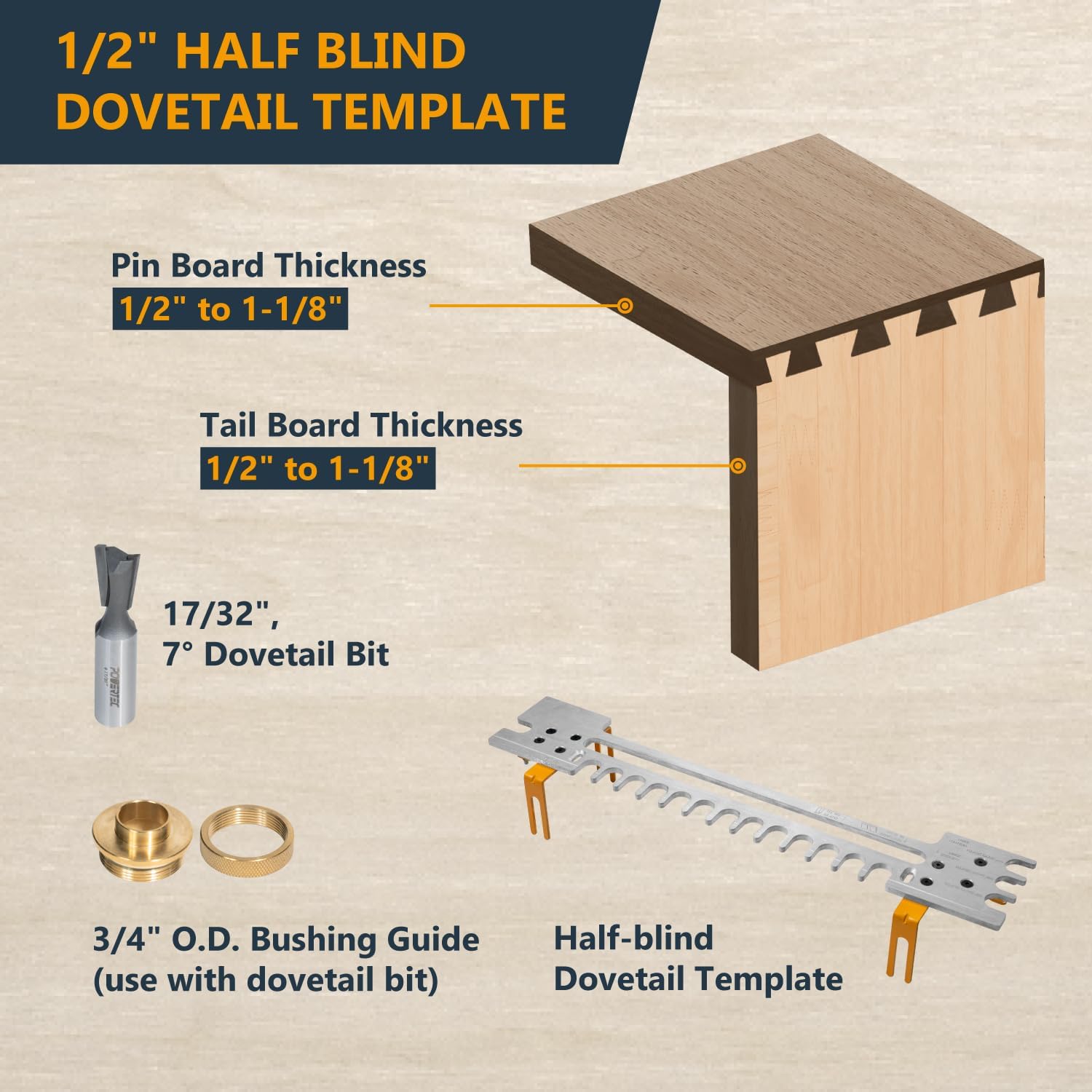 12 Inch Dovetail Jig with Templates, Router Bits, and Guide Bushing - For Cutting Half-Blind & Through Dovetails, Box