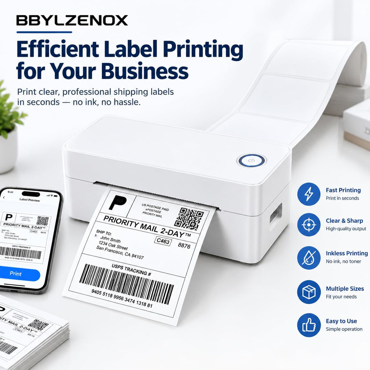 Bluetooth Thermal Label Printer, Wireless Shipping Label Maker for Business