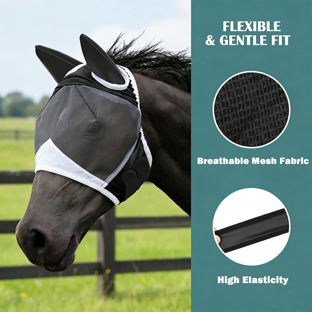 Fly Mask with Ears for Horses Soft Stretchy Mesh Horse Face Cover
