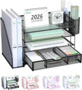 Desk File Organizer, 4 Tier Desktop Paper Letter Tray Organizer with Drawer and 2 Pen Holders, Office Desk