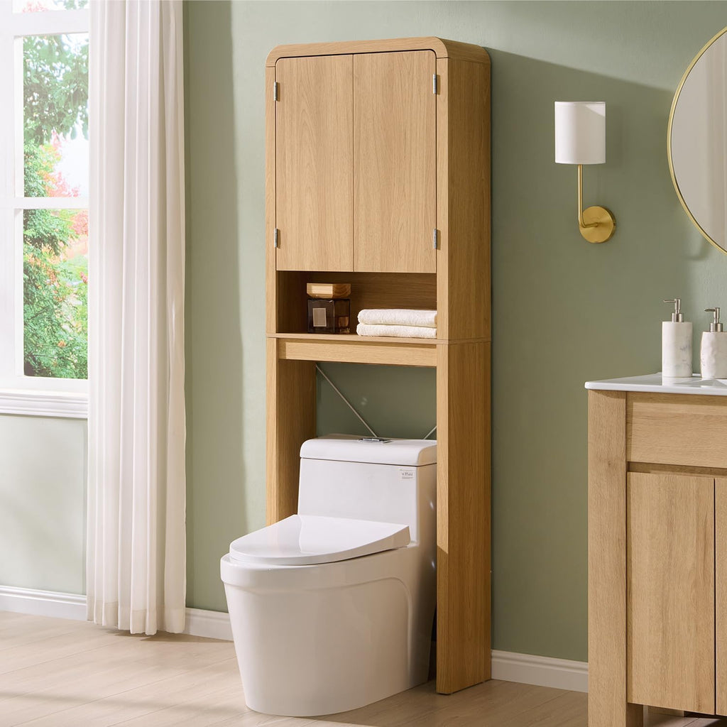 Over the Toilet Storage Cabinet, 69.69" Curved Bathroom Storage Organizer Cabinet with Doors and Adjustable Shelves