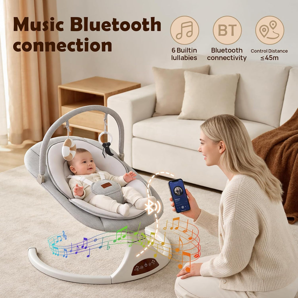 Baby Swings for Infants to Toddler Remote 5 Speeds Timer Safety Lock Gray | 5 point harness, remote/touch panel