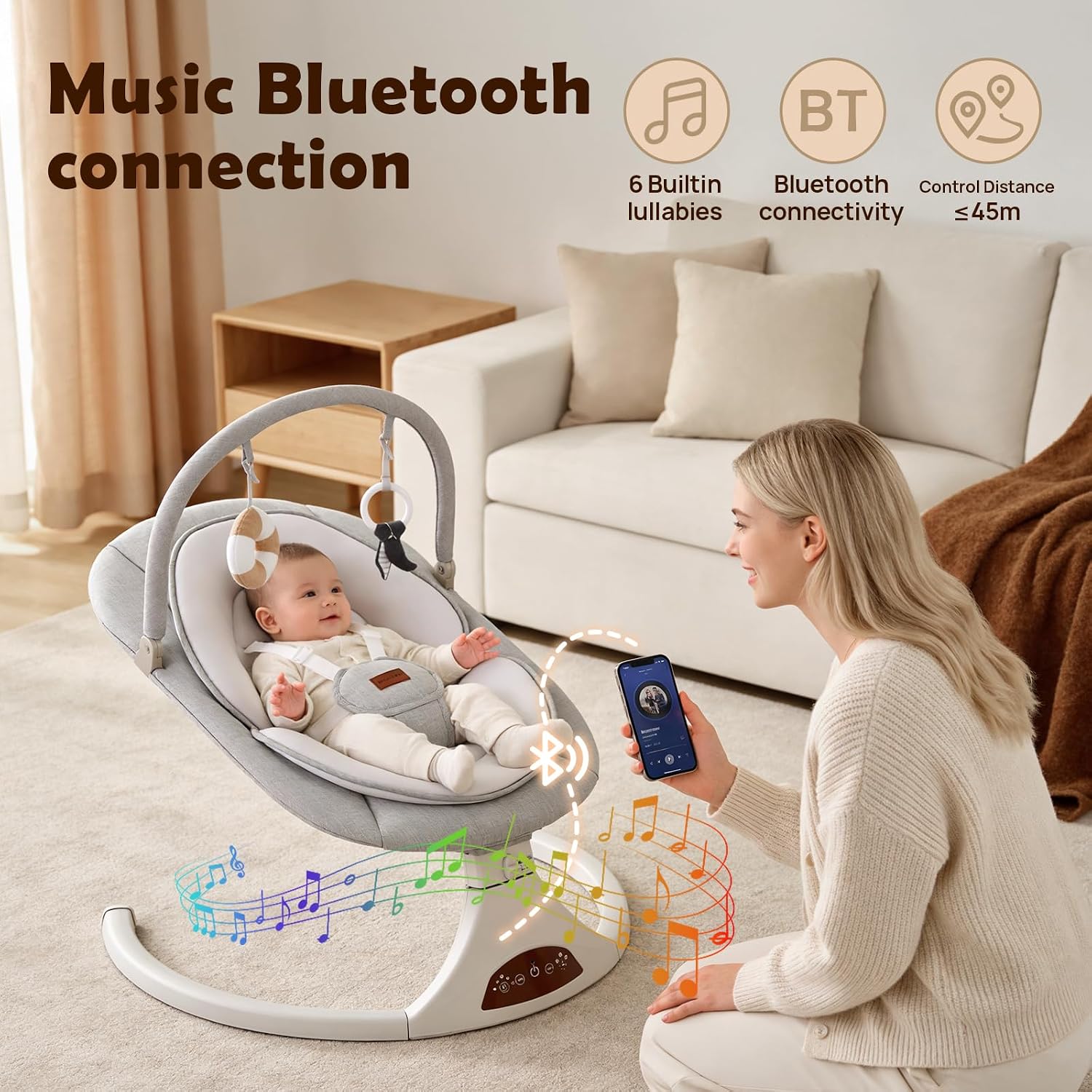 Baby Swings for Infants to Toddler Remote 5 Speeds Timer Safety Lock Gray | 5 point harness, remote/touch panel