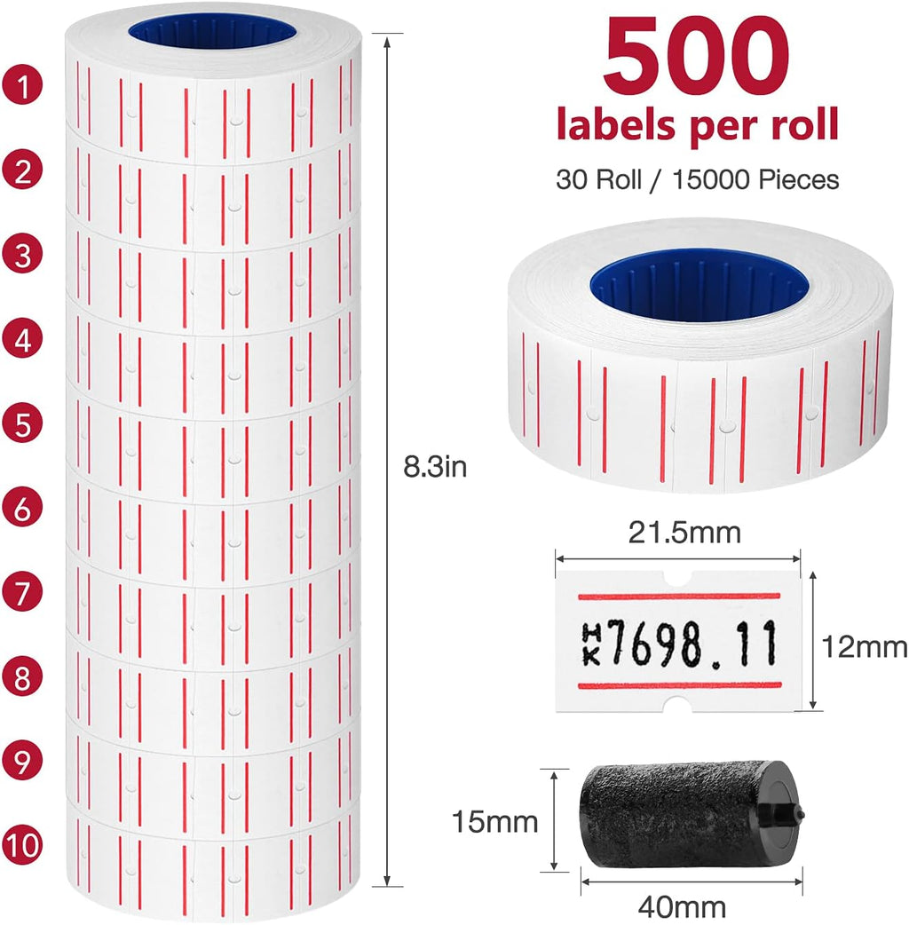 30 Rolls 15000pcs White Price Gun Labels for Mx-5500 Labeller White Pricemarker Stickers Plus 3 Piece Refill Ink Rolls