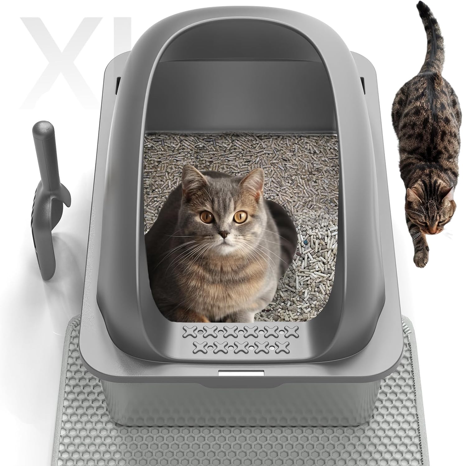 Cat Stainless Steel Litter Box with Lid, Kitty Extra Large Metal Litter Boxes XL High Sided with Mat and Scoop for
