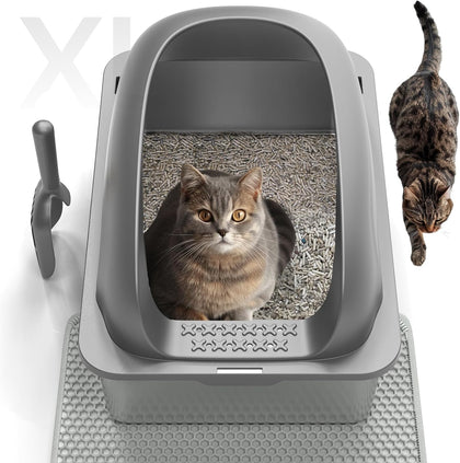 Cat Stainless Steel Litter Box with Lid, Kitty Extra Large Metal Litter Boxes XL High Sided with Mat and Scoop for