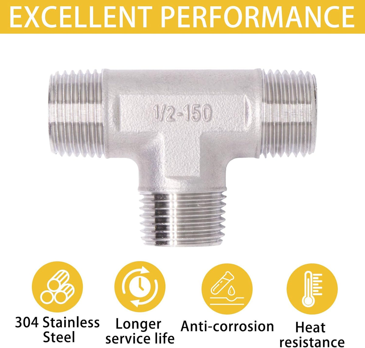 Tee Pipe Fittings 304 Stainless Steel Tee 1/2" x 1/2" x 1/2" Male NPT Thread T Shaped 3 Way Cast Pipe Fitting, 2 Pack
