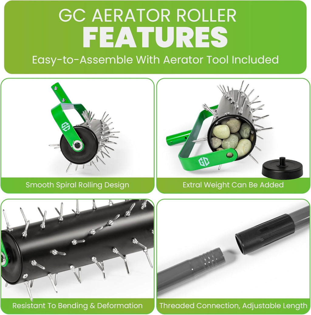 Manual Lawn Aerator Roller Tool, Heavy-Duty Rolling Lawn Aerator, 42 Pre-Attached Steel Spikes, 57 Inch Adjustable