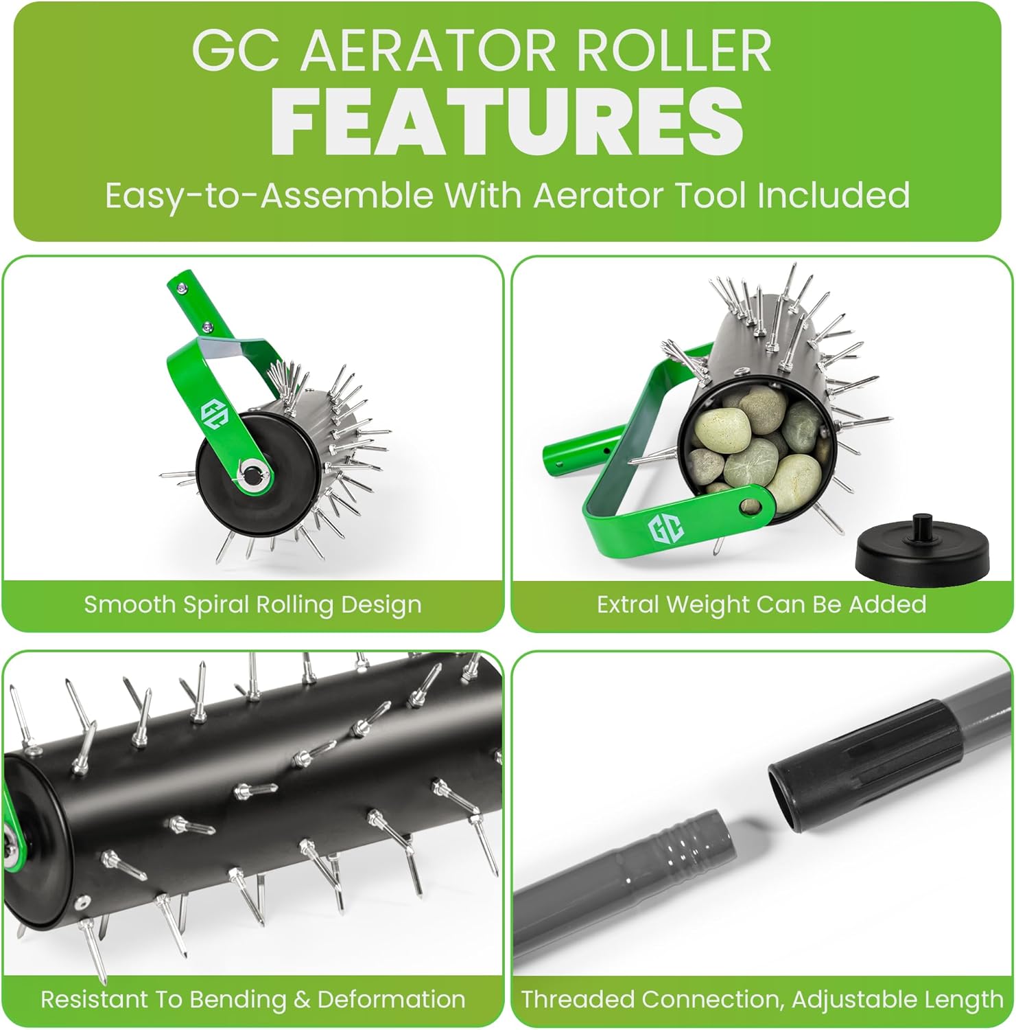 Manual Lawn Aerator Roller Tool, Heavy-Duty Rolling Lawn Aerator, 42 Pre-Attached Steel Spikes, 57 Inch Adjustable