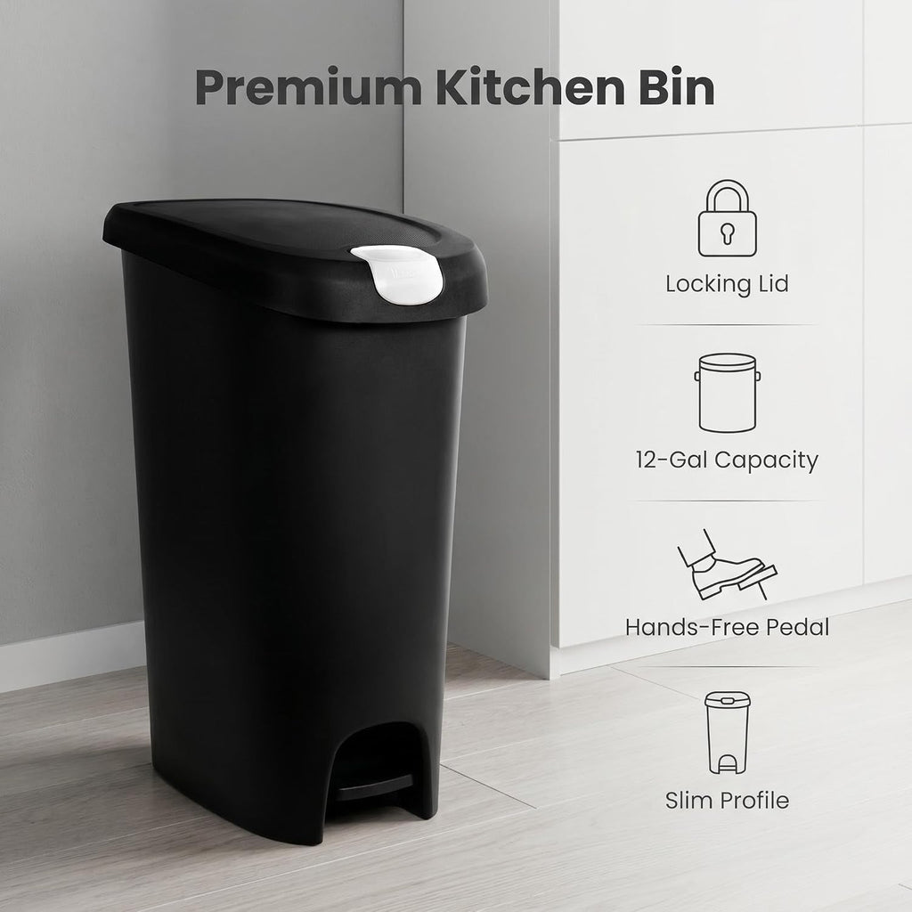 Kitchen Trash Can, 12 Gallon Plastic Slim Step Garbage Bin with Locking Foot Pedal Lid, Hands-Free Black Trash Can