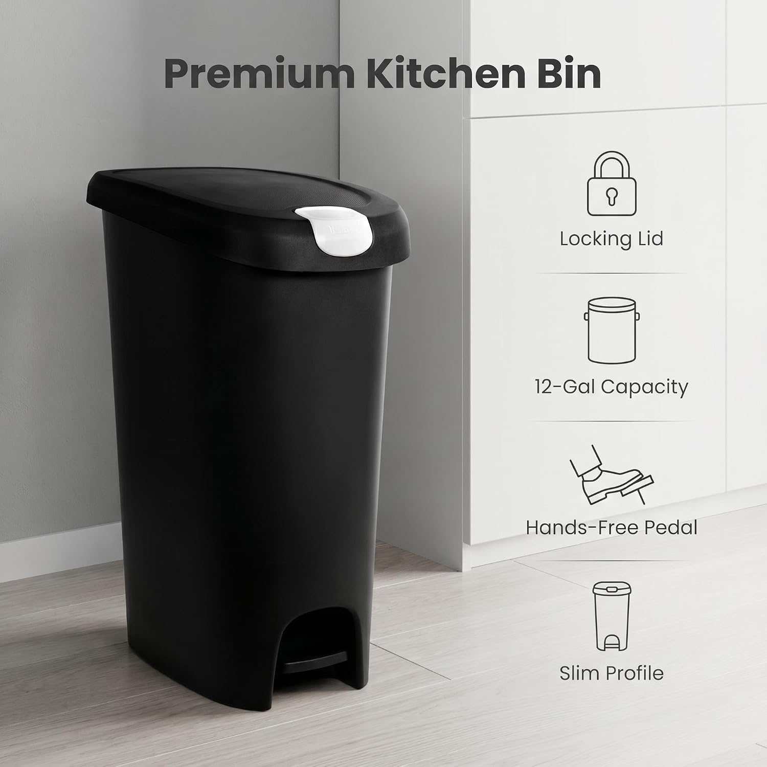 Kitchen Trash Can, 12 Gallon Plastic Slim Step Garbage Bin with Locking Foot Pedal Lid, Hands-Free Black Trash Can
