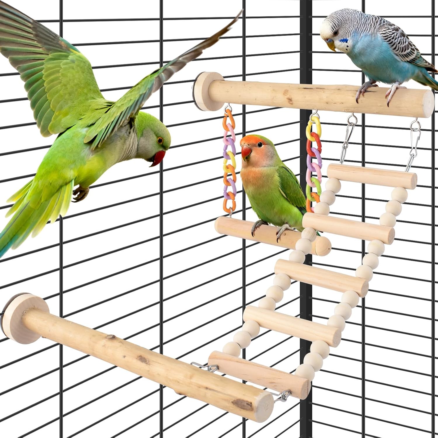 Bird Perches Ladder with Swing, Natural Wood Parrot Climbing Bridge Perch Toys, Exercise Play Stand Parakeet Cage