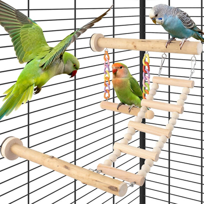 Bird Perches Ladder with Swing, Natural Wood Parrot Climbing Bridge Perch Toys, Exercise Play Stand Parakeet Cage