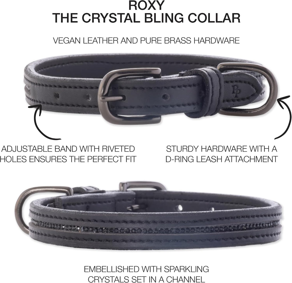 Roxy - The Crystal Bling Collar, Durable Vegan Leather with Brass & Crystals Pet Collars, Small, Medium, Large