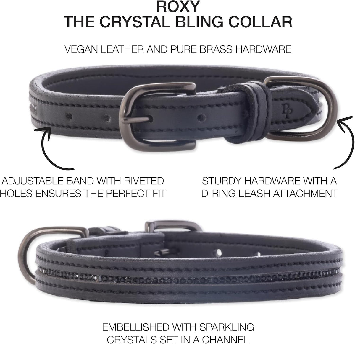 Roxy - The Crystal Bling Collar, Durable Vegan Leather with Brass & Crystals Pet Collars, Small, Medium, Large