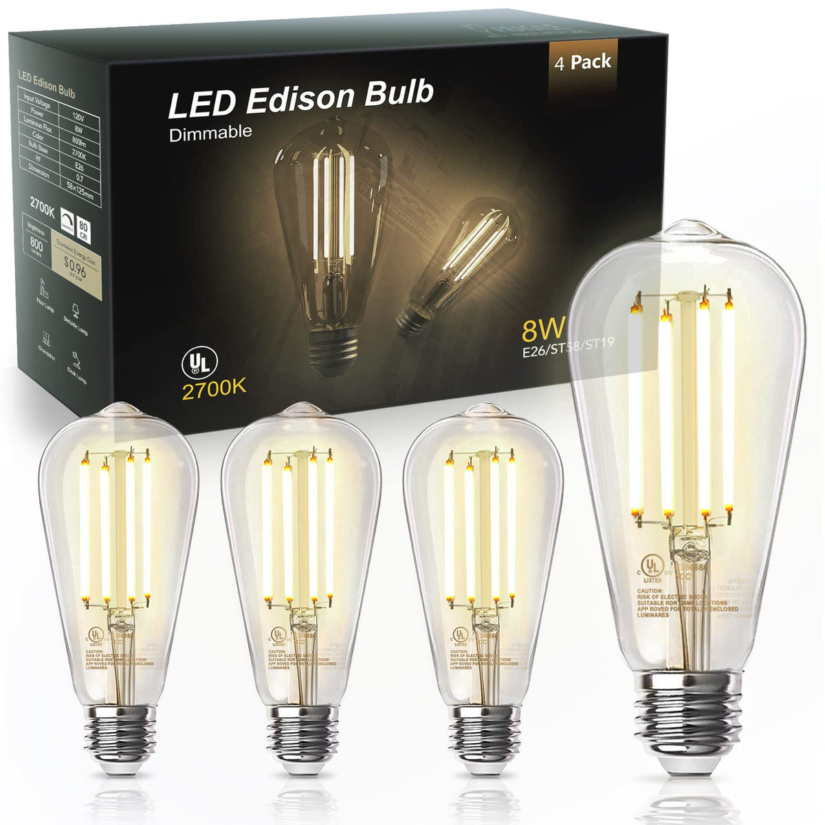 4 Pack Edison LED Light Bulbs, E26 Base, 8W 2700K, Dimmable