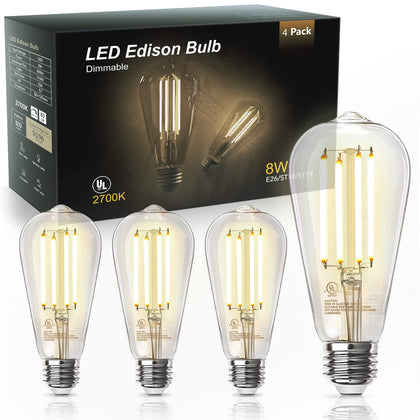 4 Pack Edison LED Light Bulbs, E26 Base, 8W 2700K, Dimmable