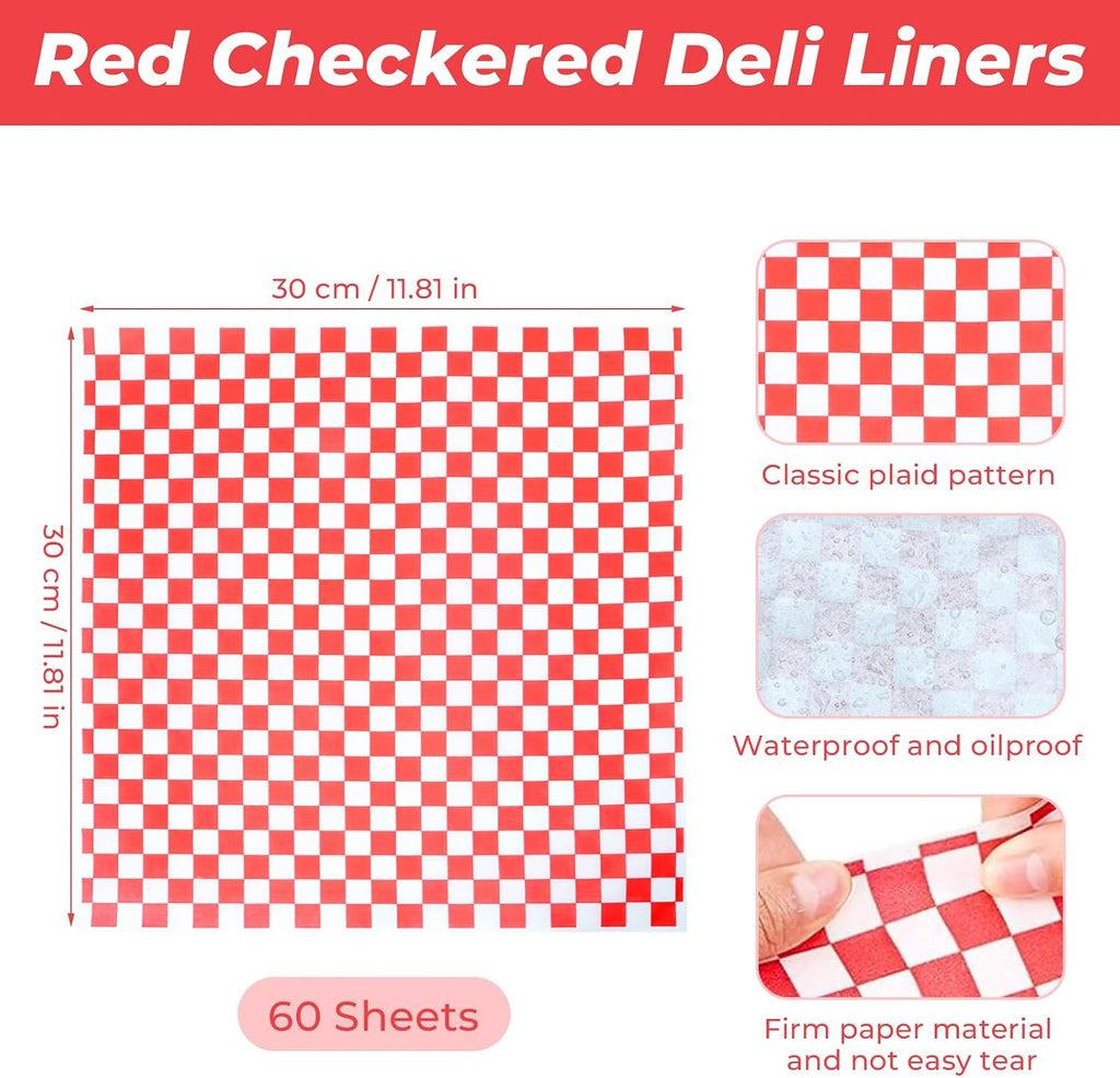 6 Black Food Baskets with 60 Red Checkered Liners, Reusable Baskets
