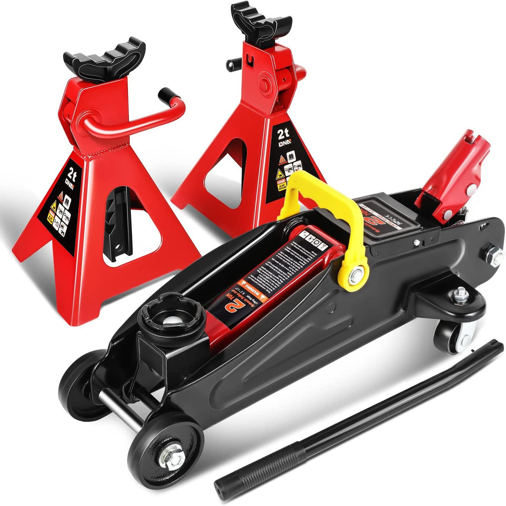 2 Ton Car Jack and Stands Kit Red/Black | 2T(4000 lbs) Capacity Low Profile Hydraulic Trolley Service/Floor Jack