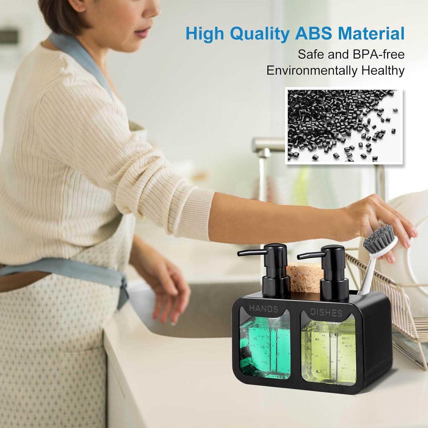 Kitchen Soap Dispenser Set, with Hand and Dish Soap, Sponge Caddy and Brush Holder 4-in-1 Kitchen Dual Soap Dispenser