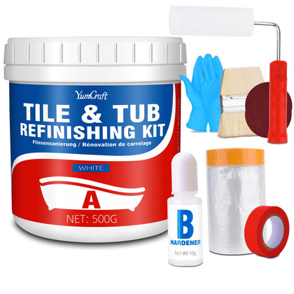 Tub and Tile Refinishing Kit, 17oz/500g Tile Paint with Tools and Hardener - Semi-Gloss White Bathtub Paint for