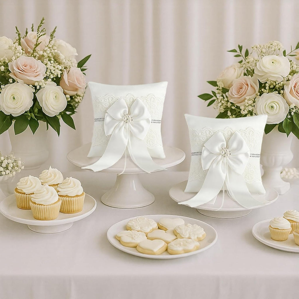 Wedding Ring Bearer Pillow: 8.2 x 8.2 Inch Ring Cushion with Lace & Pearl Bow – Ceremony Ring Holder for Flower Boy