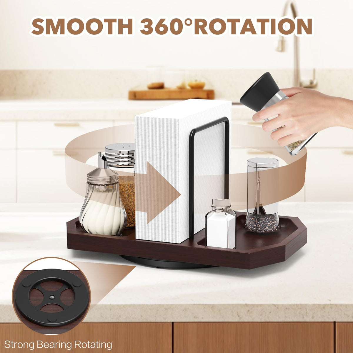 Rotating Napkin Holder for Table with Salt Storage, Brown