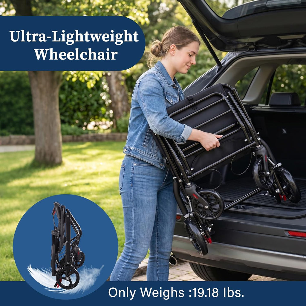Lightweight Transport Wheelchair for Adults & Seniors, 19 lbs Folding Travel Wheelchair with 18.1" Seat, Portable