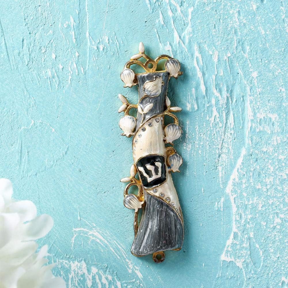 Mezuzah for Door with Scroll, Hand Painted Grey & Gold Enamel