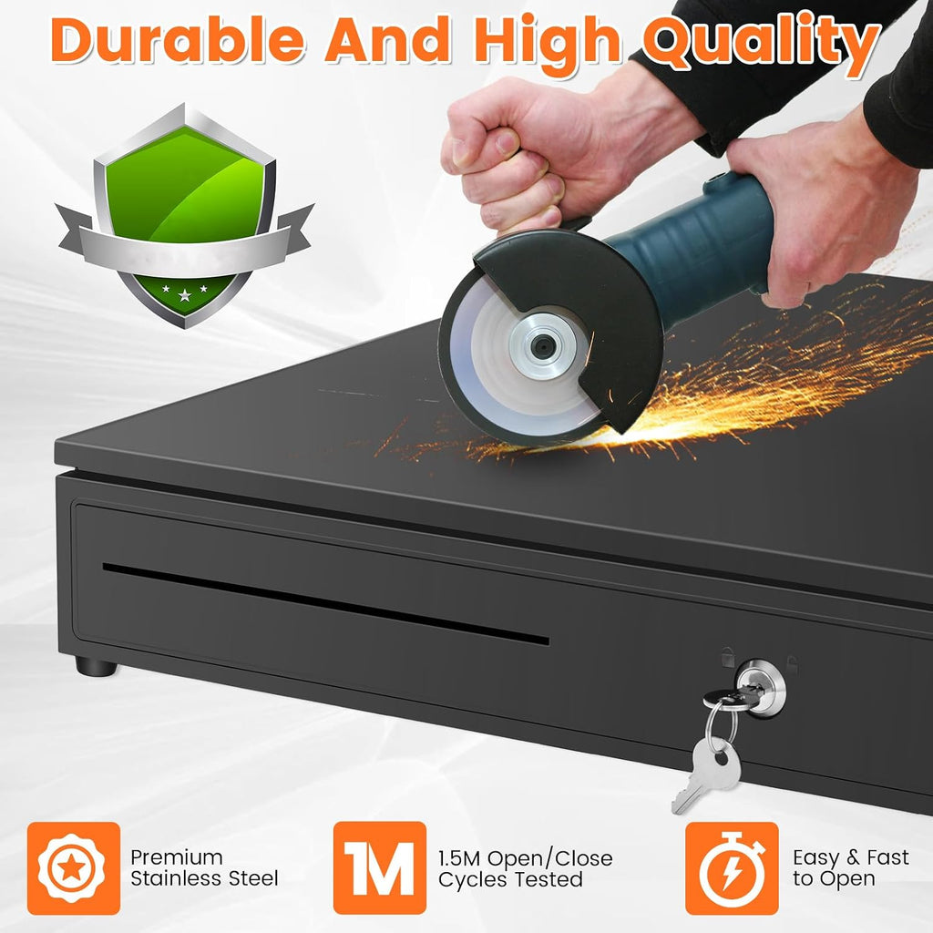 16.4" Cash Drawer with Media Slot, POS Cash Register with 5 Bill 8 Coin Slots, RJ11/RJ12 Printer-Driven, 3-Position