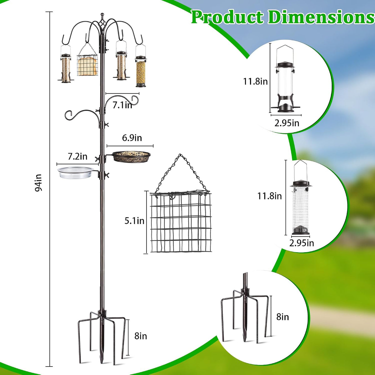 Bird Feeding Station Kit, 94-Inch, 6-Hook Metal Bird Feeder Pole