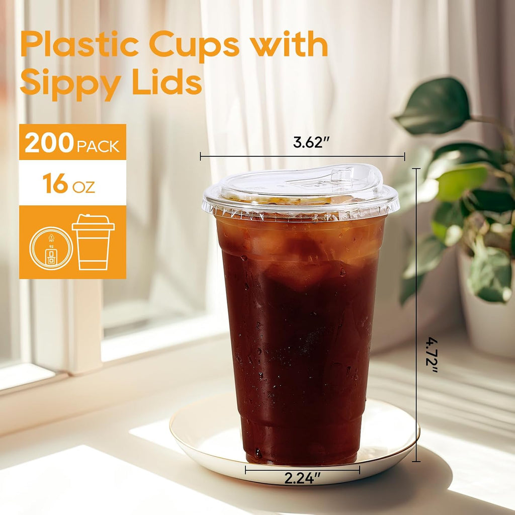 16oz Plastic Cups with Lids, 200 Pack, Iced Coffee Cups with Lids