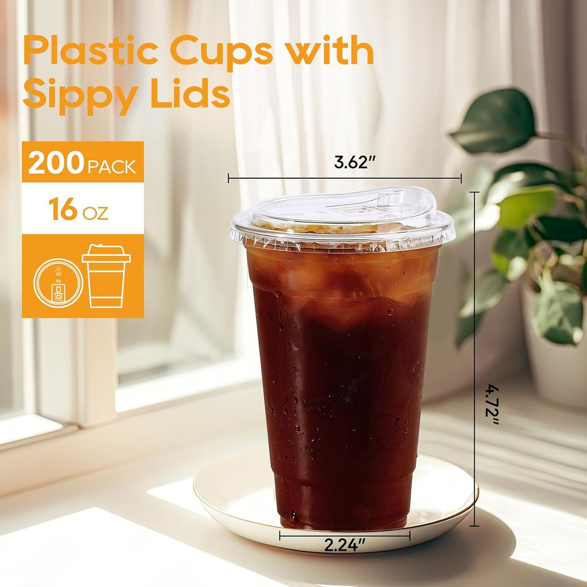 16oz Plastic Cups with Lids, 200 Pack, Iced Coffee Cups with Lids