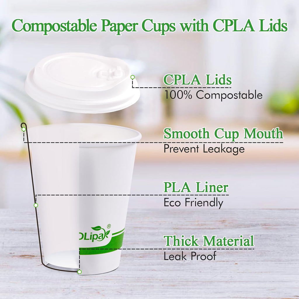 200 Count 8 oz Compostable Paper Coffee Cups with CPLA Lid