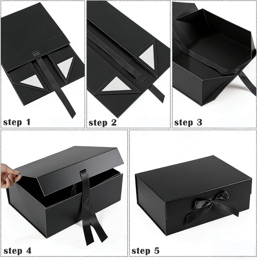 Black Gift Box with Ribbon 10.2x9x3.74 in, Foldable Magnetic Gift Boxes for Wrapping Gifts, Bridesmaid Groomsman