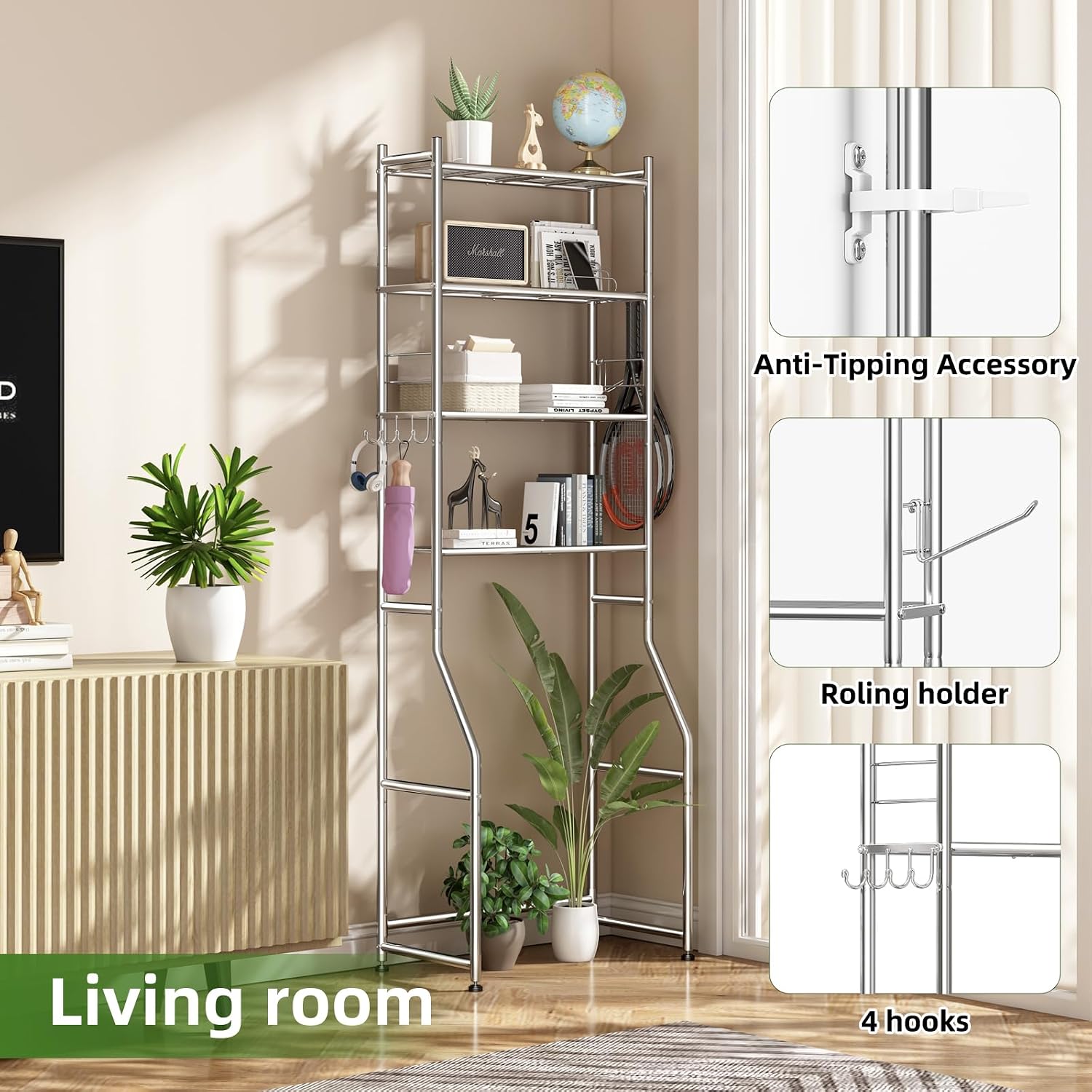 Over the Toilet Storage Cabinet, Metal 4 Tier Bathroom Shelves Over Toilet, Bathroom Oragnizer with 4 Hooks and Paper