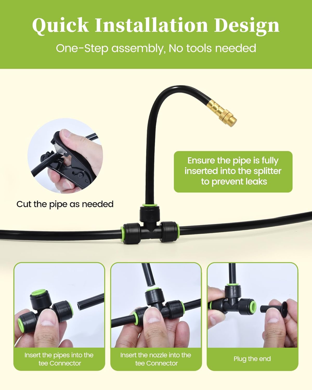 50FT Drip Irrigation System, Garden Watering Kit with 15pcs 360°Adjustable Copper Nozzles, Automatic Atomizing